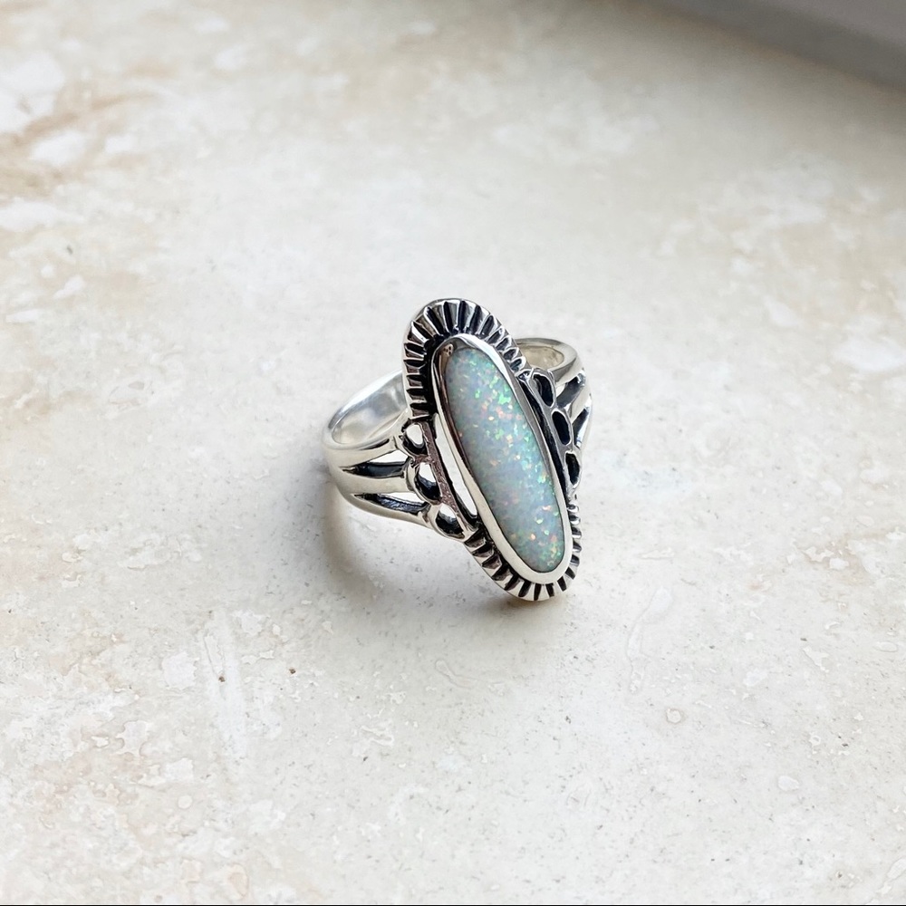 😍TOP SELLER😍 Silver Etched White Lab Opal Ring, Statement Ring, Silver Rings - Picture 7 of 8